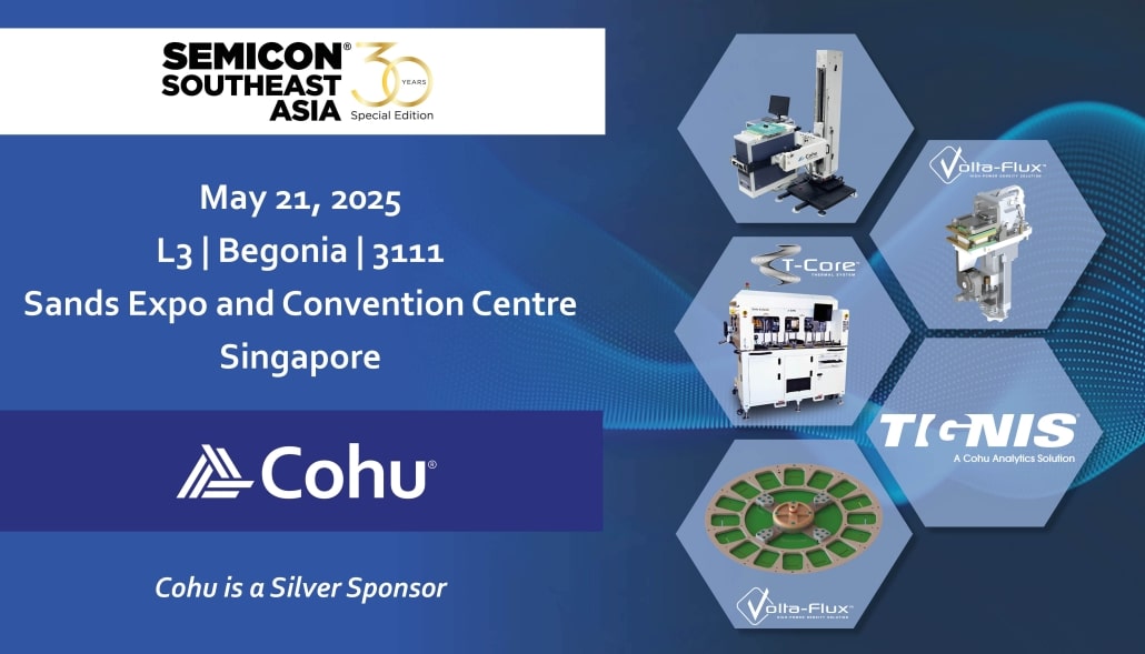 Cohu will be attending Semicon Southeast Asia on May 20-22 in 2025. Diamondx, Sense plus, Hydra, and Neon products are showcased with semiconductor wafers in the background.