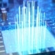 A large square on a circuit board with a blue color overlay. Beams of light of varying heights are coming up from the center of the square